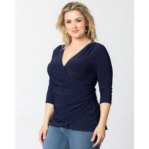 Kiyonna Top Femme Fatale Faux Wrap Navy Blue 2X Ruched Sexy Packs Well V Neck
